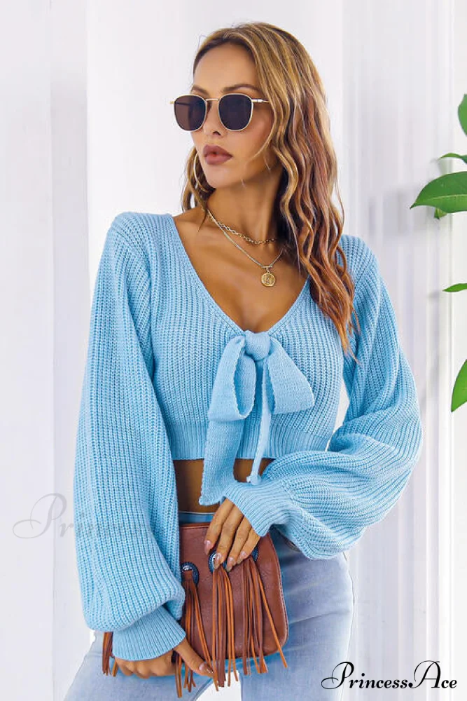Long Cropped V-Neck Arm Sweater - Image 5