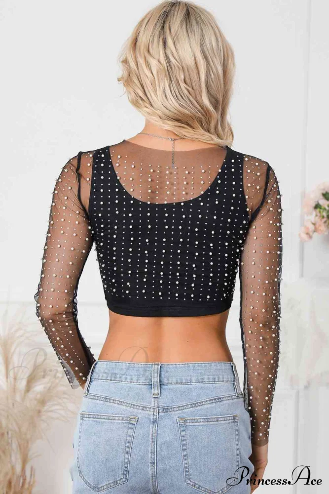 Long Cropped with Pearl Top Mesh Sleeves - Image 2