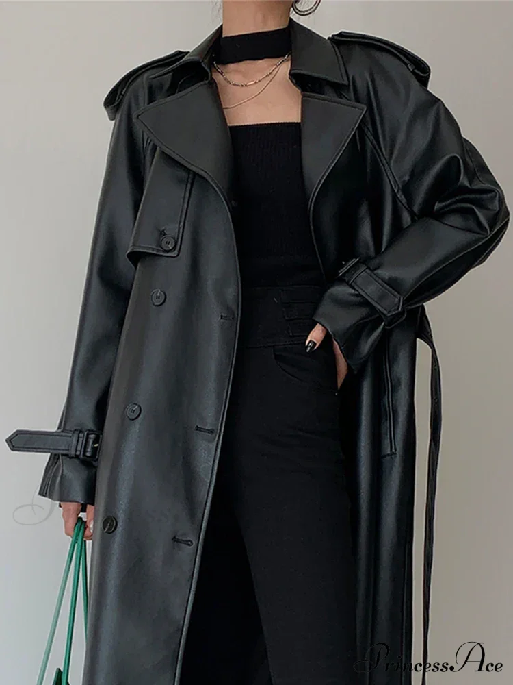 Long Gray Pu Leather Raglan Sleeve Belt Runway Luxury Designer European Fashion Stylish Coat - Image 2