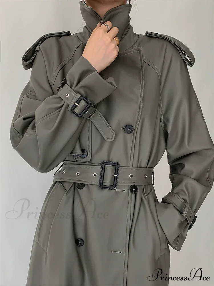 Long Gray Pu Leather Raglan Sleeve Belt Runway Luxury Designer European Fashion Stylish Coat - Image 3