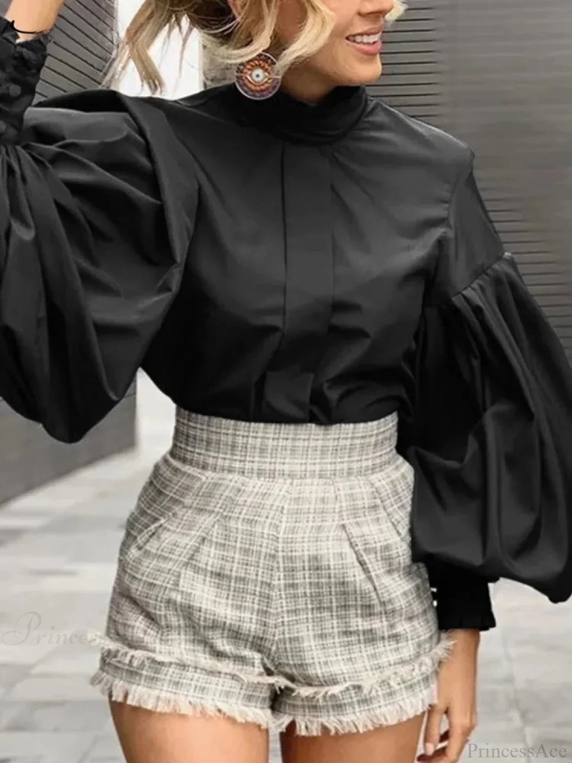 Long Lantern Sleeve Solid Purple Blouse Chic Blouse - Image 3