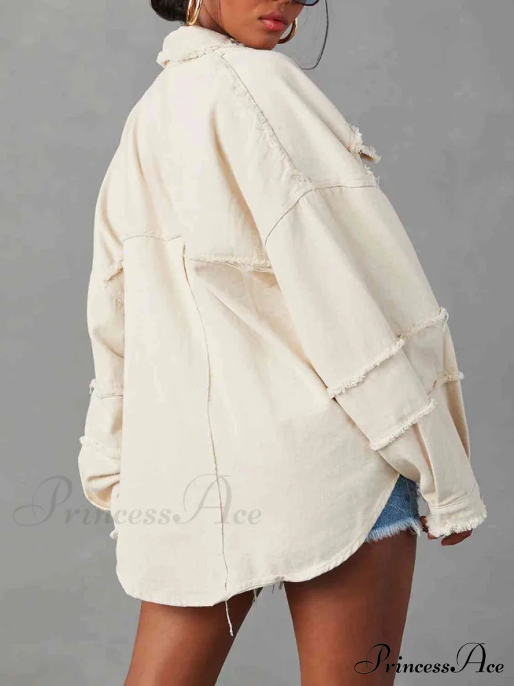 Long Raw Down Arm Denim Top Hem Button Jacket - Image 3
