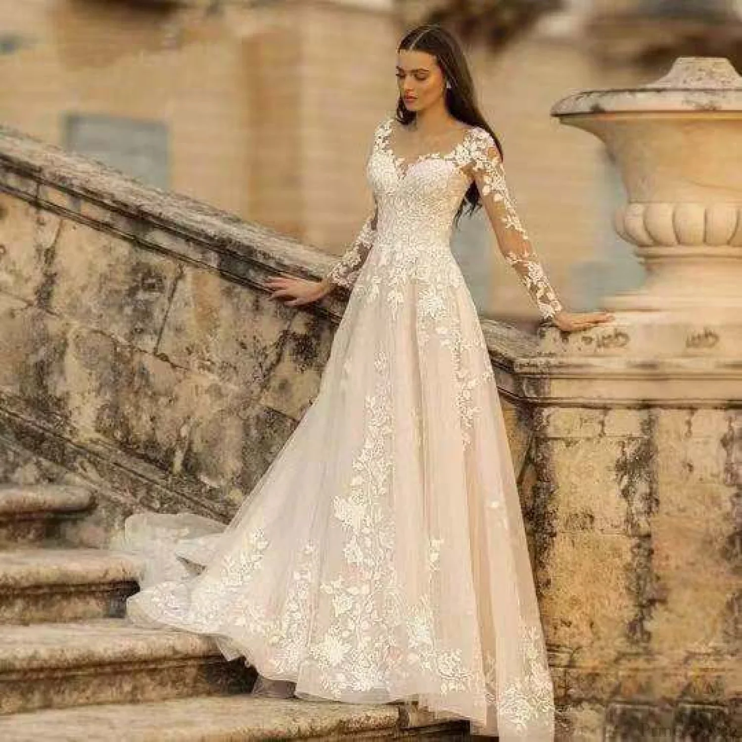 Long Sleeve Backless Wedding Dress