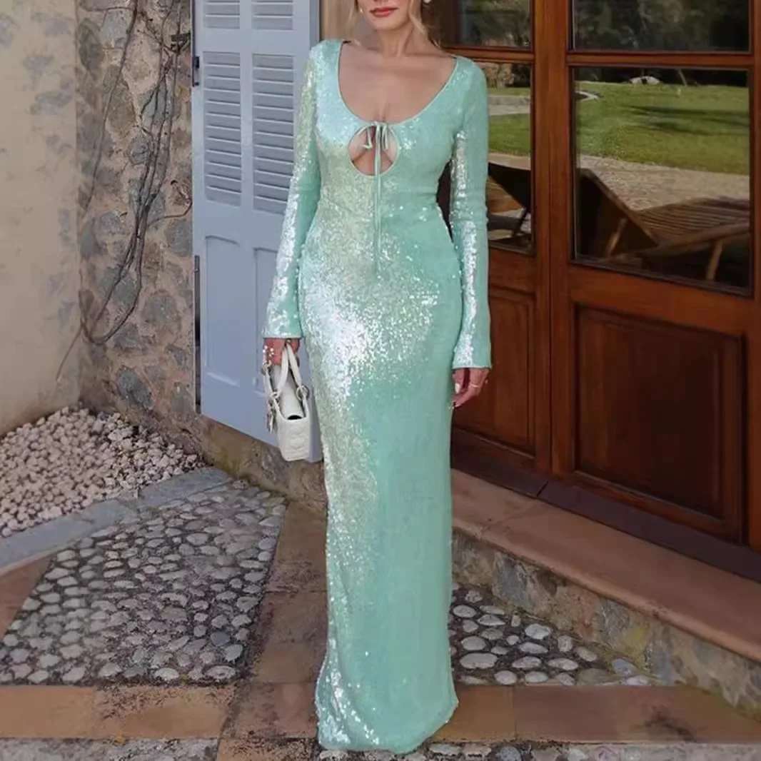 Long Sleeve Formal Occasion Dresses Sequins Elegant Maxi Dress Wedding Party Dress - Image 2