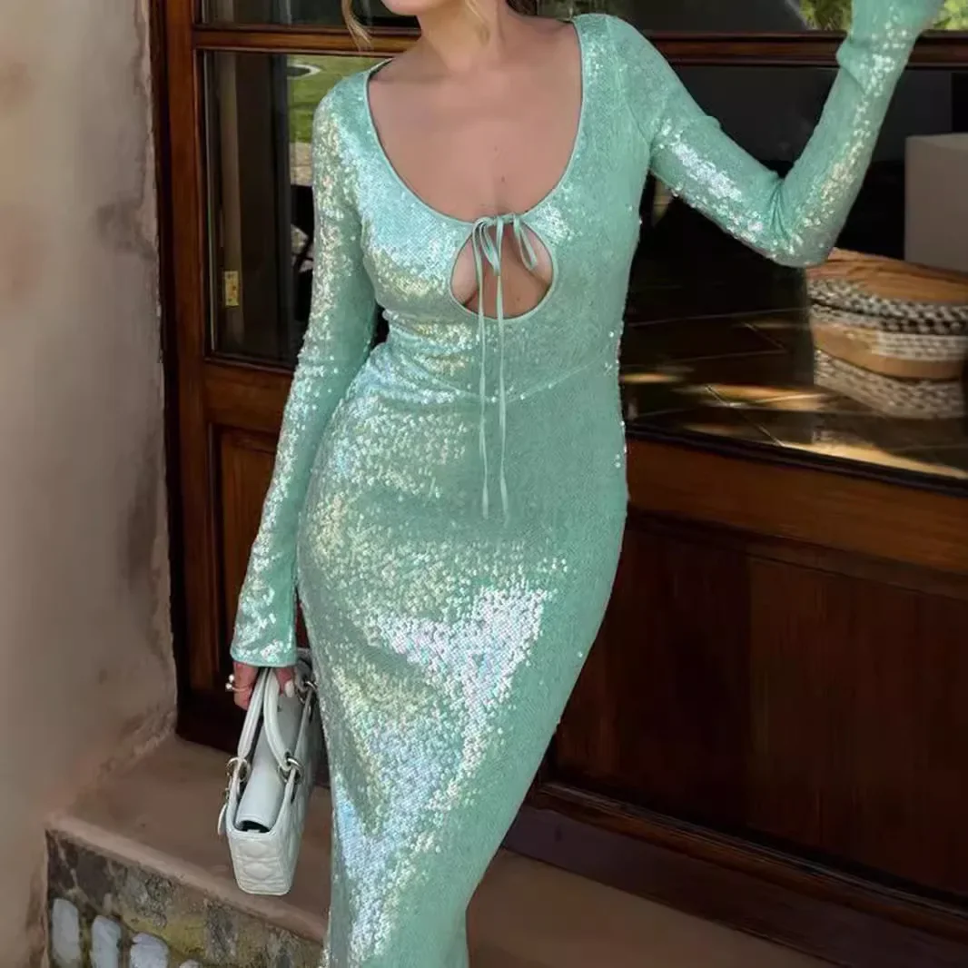 Long Sleeve Formal Occasion Dresses Sequins Elegant Maxi Dress Wedding Party Dress - Image 3