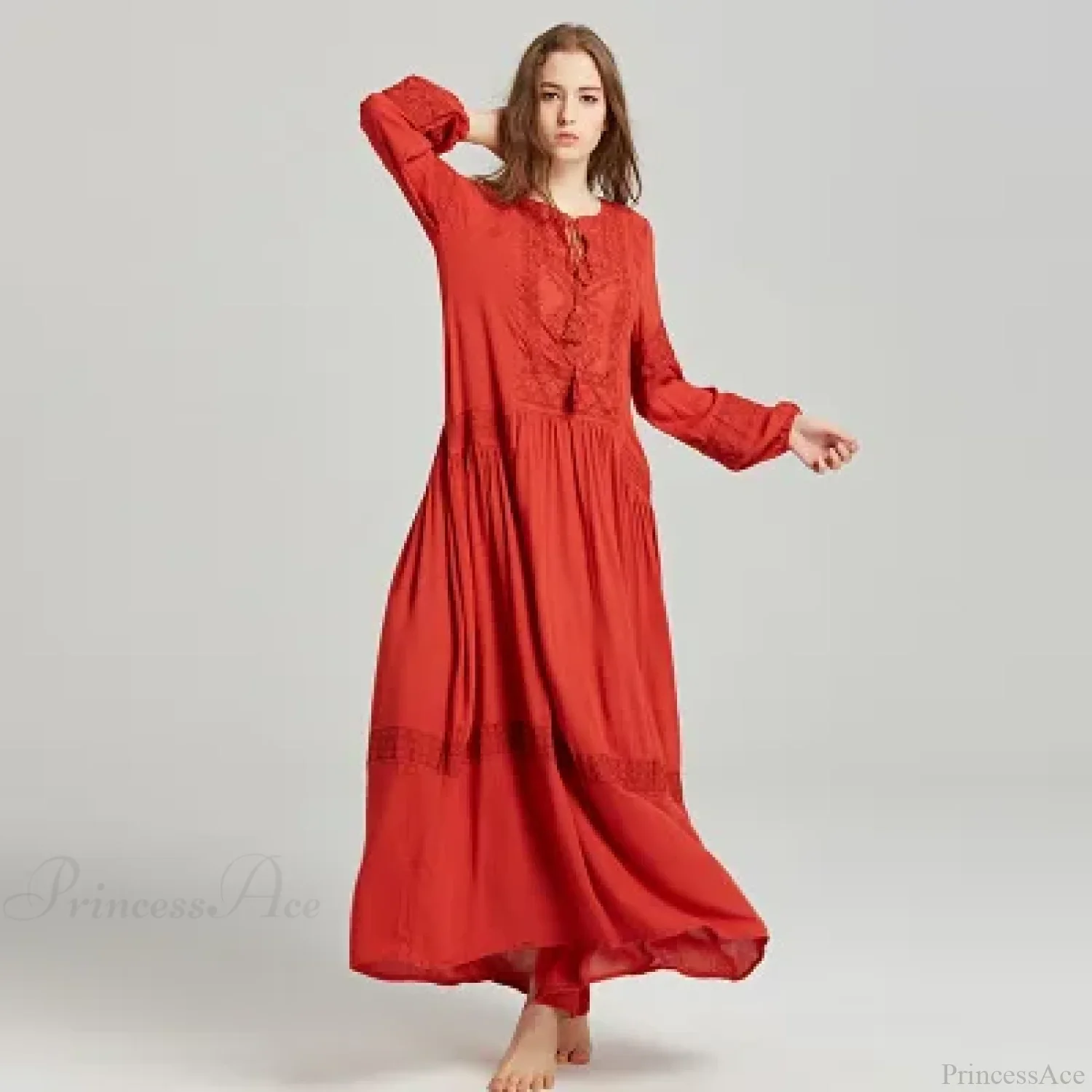 Long Sleeve Maxi Dress Red Floral Embroidery Tassel Boho Dress - Image 2