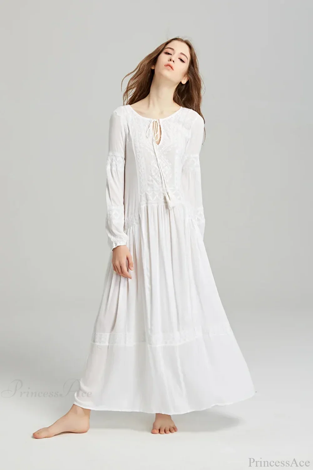 Long Sleeve Maxi Dress Red Floral Embroidery Tassel Boho Dress - Image 6