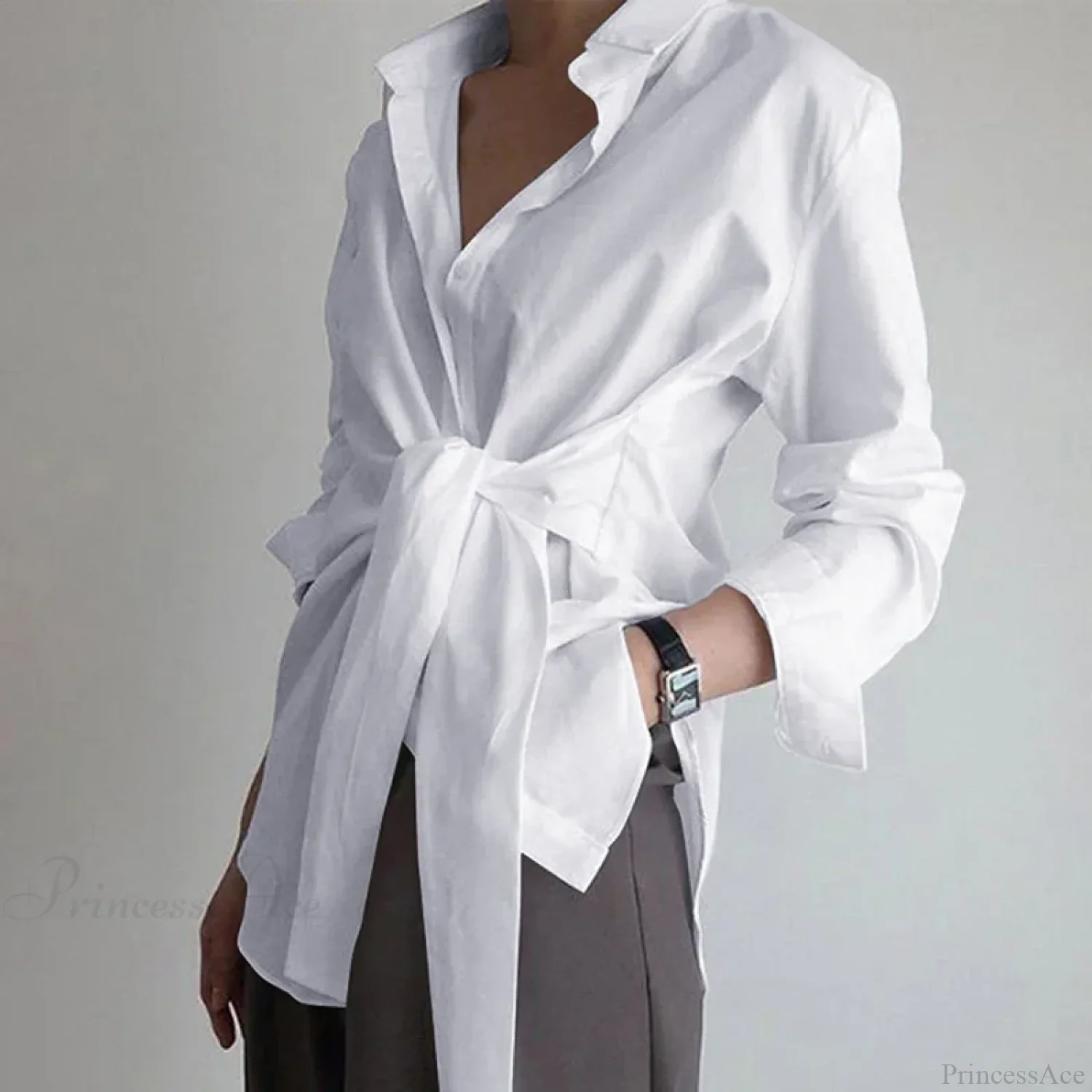 Long Sleeve Ruched Lace-up White Blouse