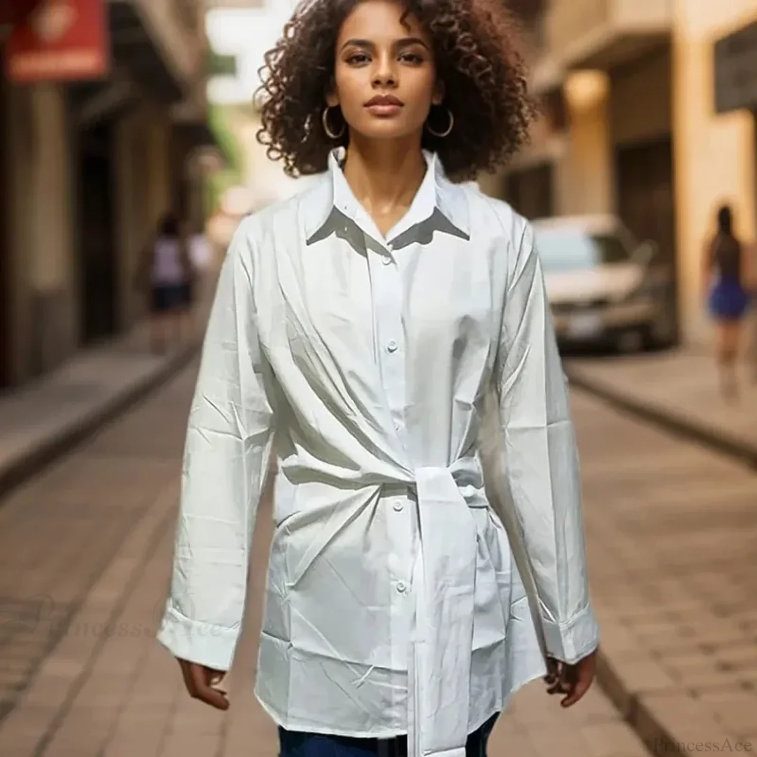 Long Sleeve Ruched Lace-up White Blouse - Image 2