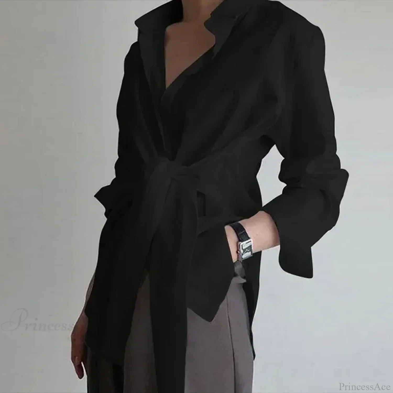 Long Sleeve Ruched Lace-up White Blouse - Image 3