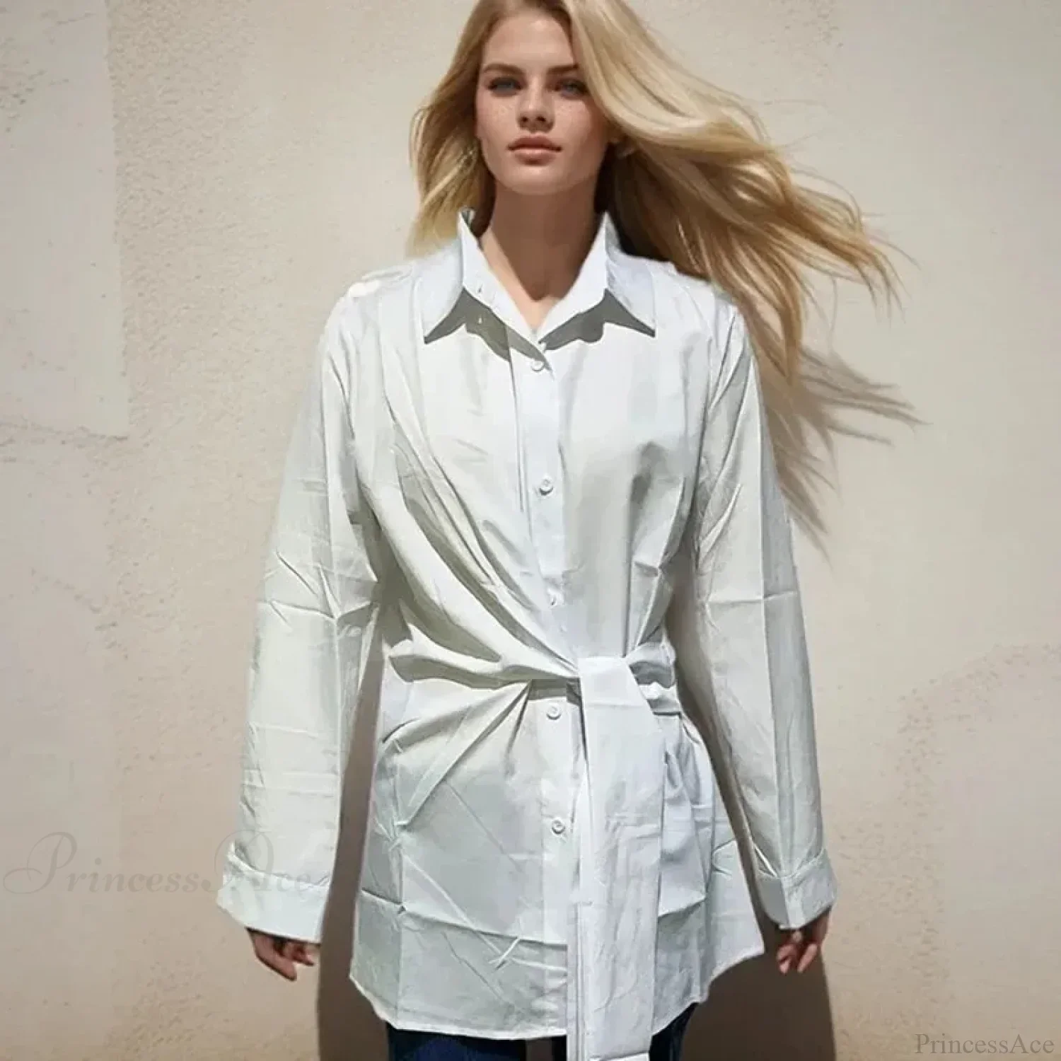 Long Sleeve Ruched Lace-up White Blouse - Image 4