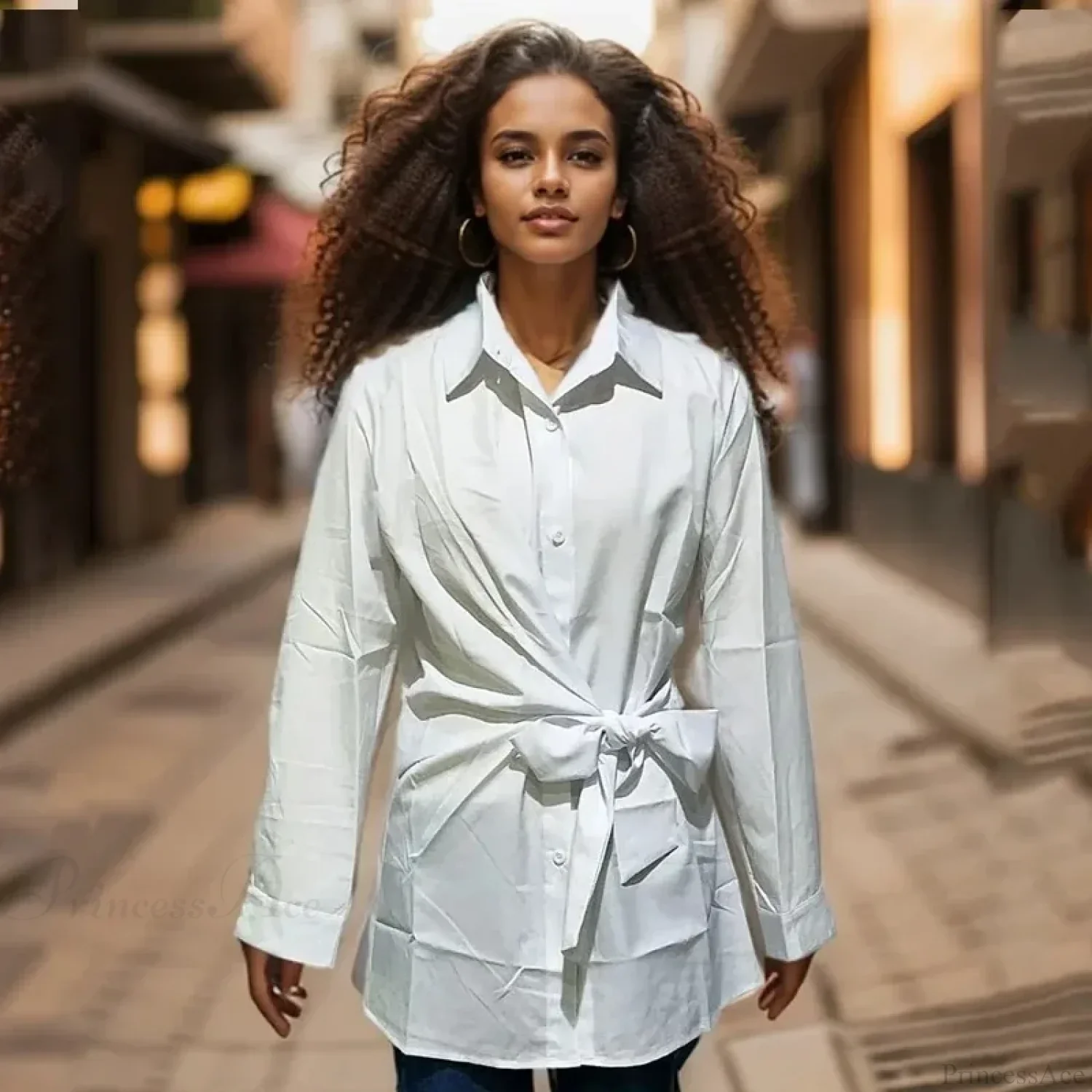 Long Sleeve Ruched Lace-up White Blouse - Image 5
