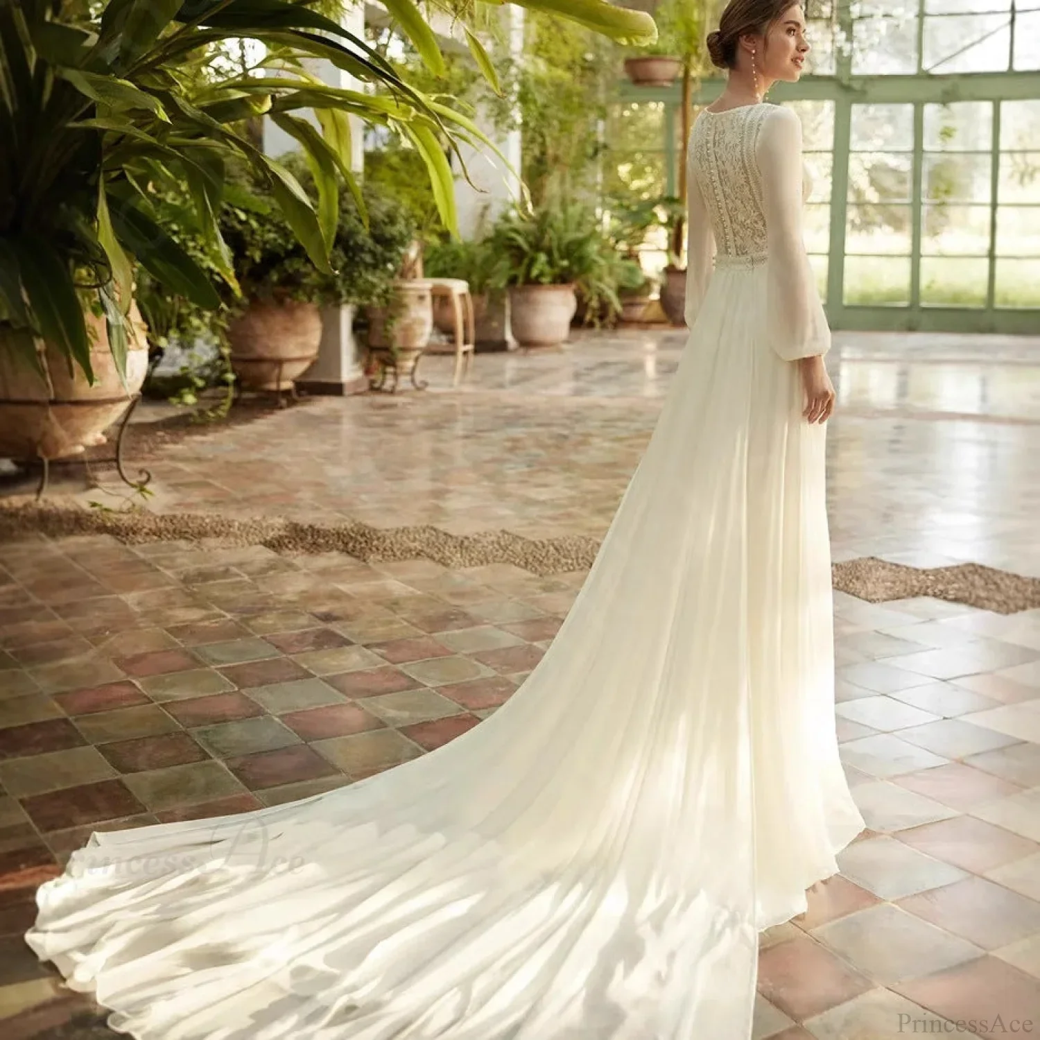 Long Sleeve Sheer Tulle Bridal Wedding Dress - Image 2