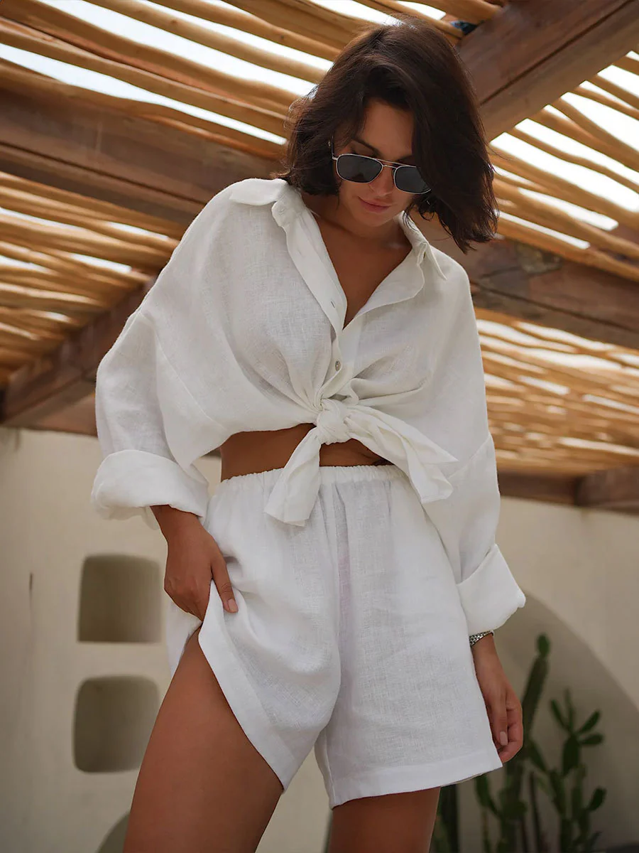 Long Sleeve Shirt Shorts Set Blouse - Image 11