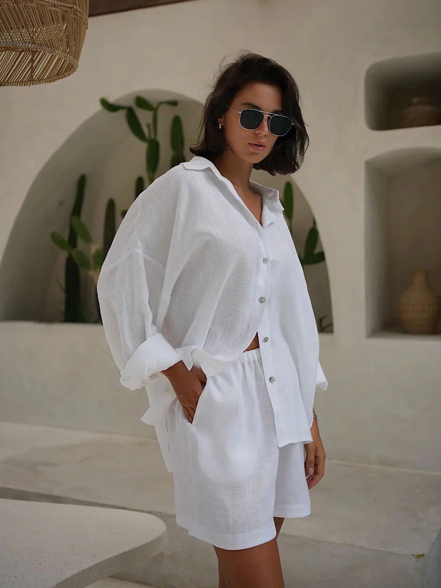 Long Sleeve Shirt Shorts Set Blouse - Image 15