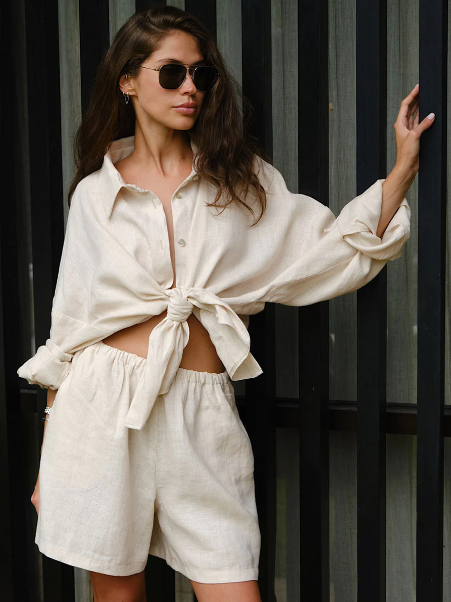 Long Sleeve Shirt Shorts Set Blouse - Image 2