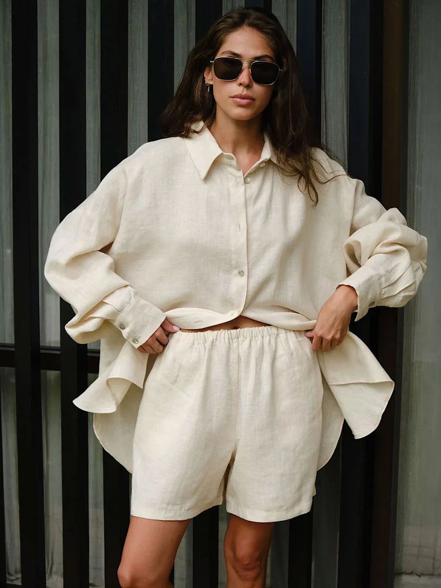 Long Sleeve Shirt Shorts Set Blouse - Image 3