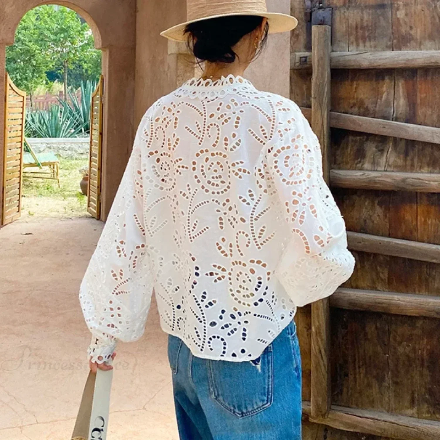 Long Sleeve V-Neck Hollow Out Floral Lace Boho Blouse - Image 5