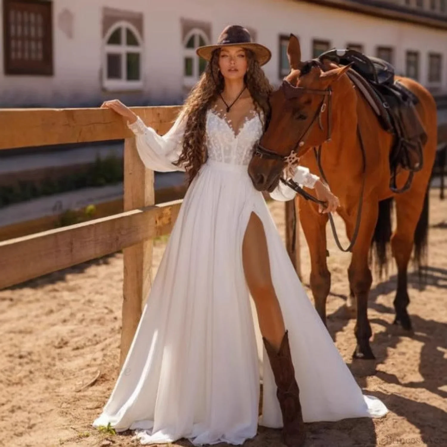 Long Sleeve V-Neck Lace Wedding Dress