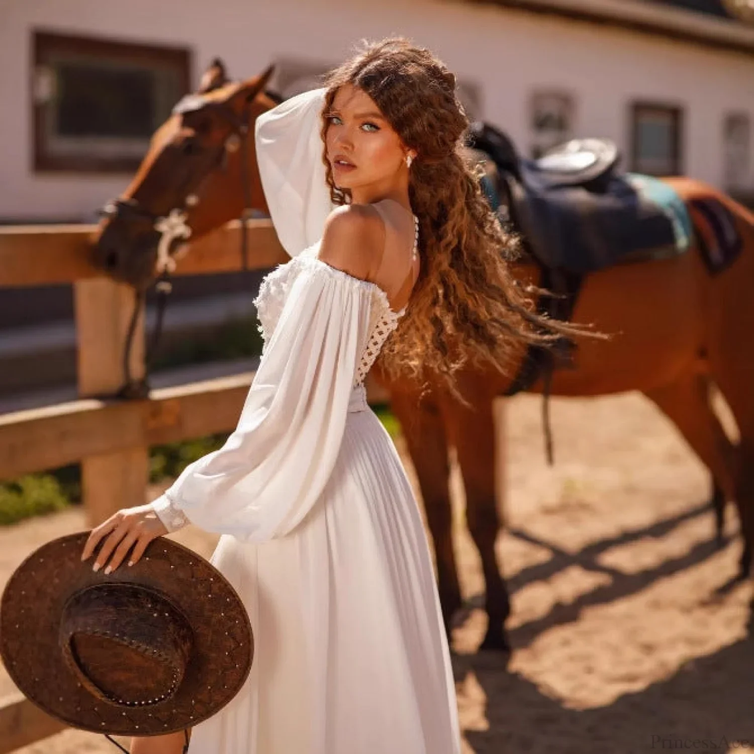 Long Sleeve V-Neck Lace Wedding Dress - Image 3