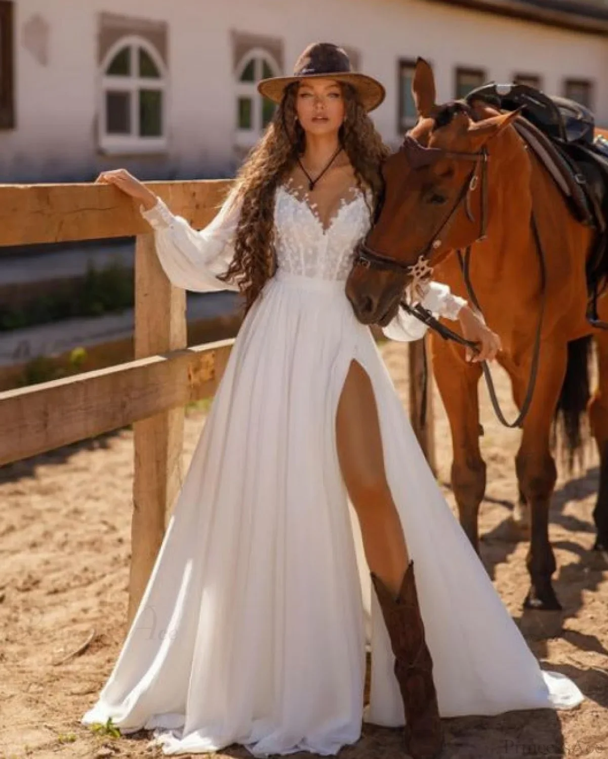 Long Sleeve V-Neck Lace Wedding Dress - Image 4
