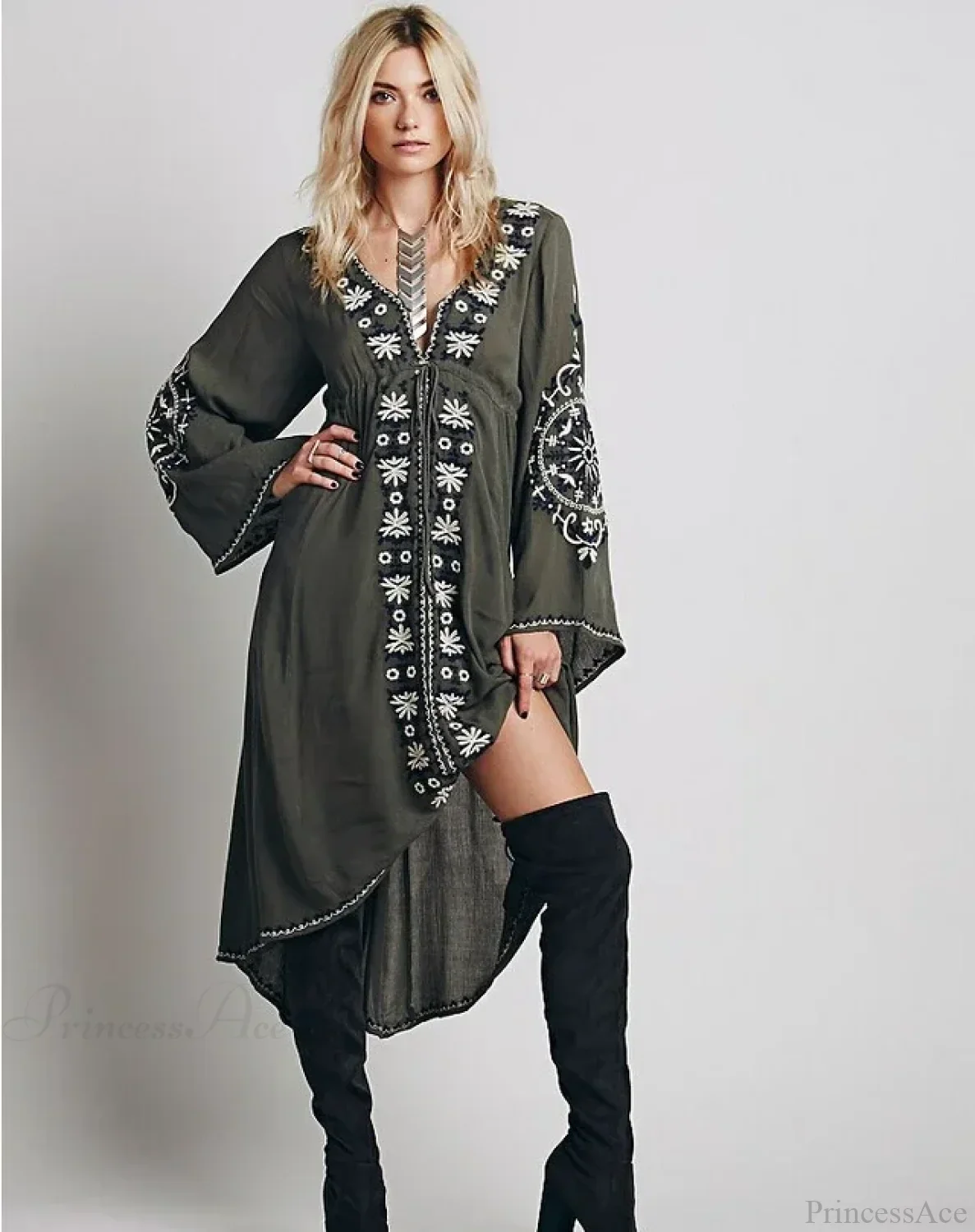 Long Sleeve Vintage Floral Embroidered Cotton Tunic Dress - Image 3