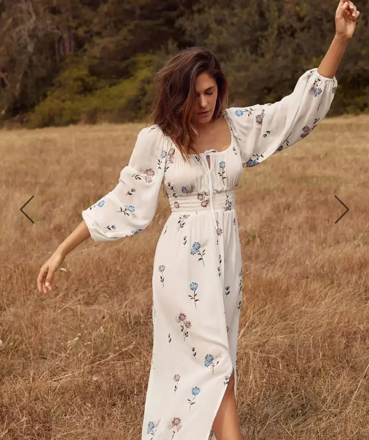 Long-sleeved Stretch Waist Split White Boho Dress - Image 2