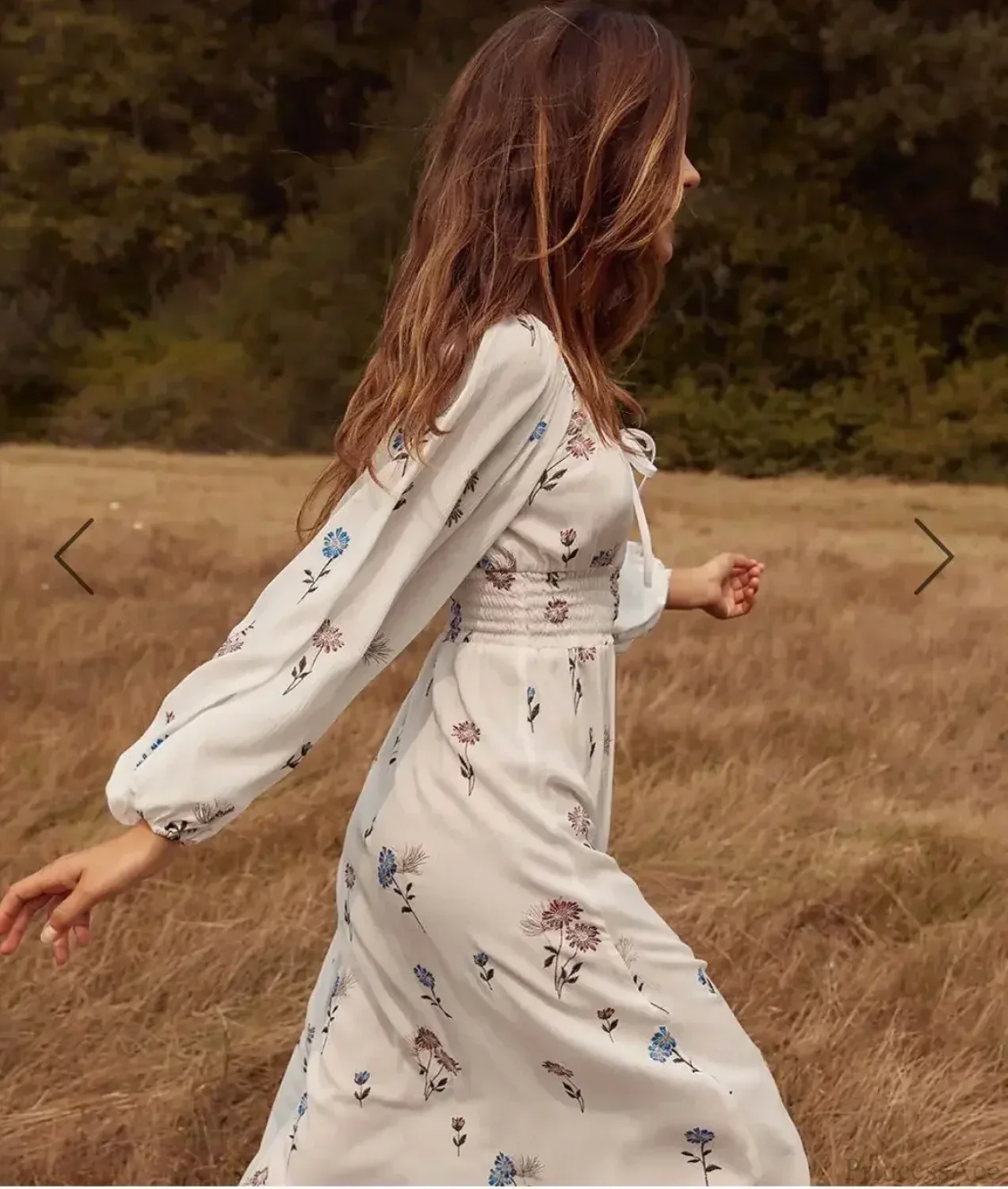 Long-sleeved Stretch Waist Split White Boho Dress - Image 5