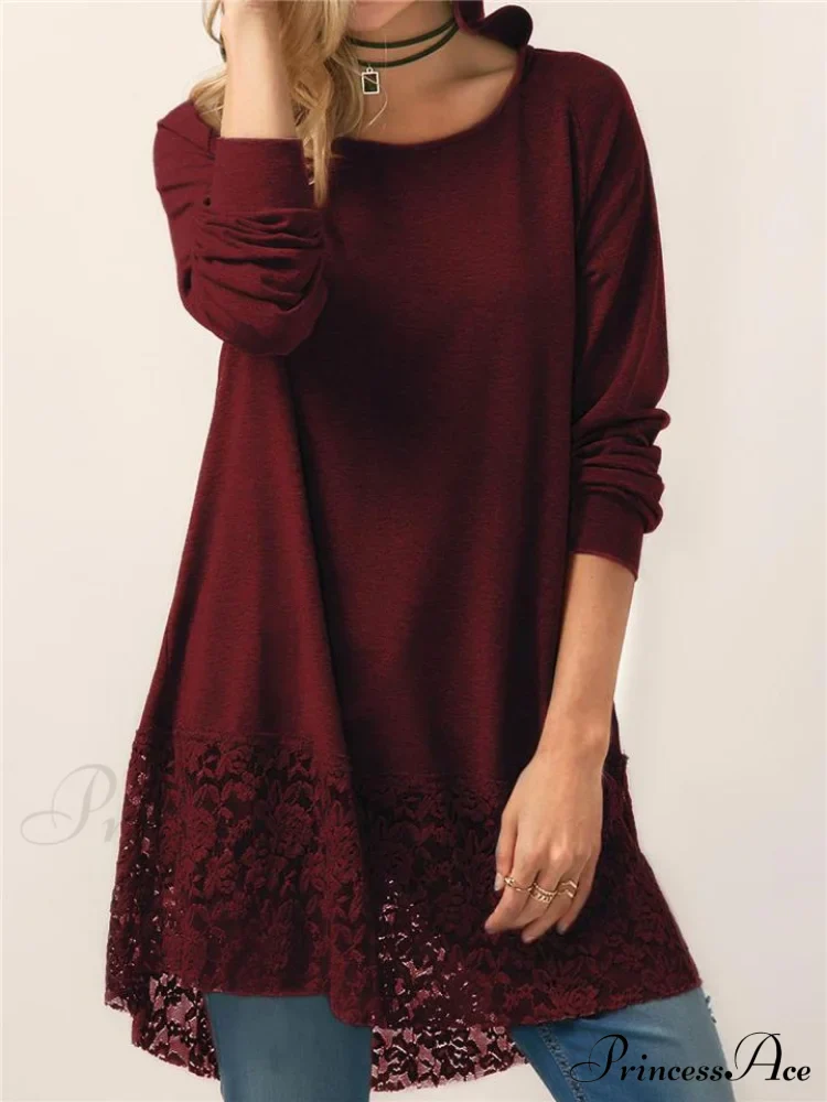 Long With Women Lace Patchwork Arm T-shirt Hood - Image 12