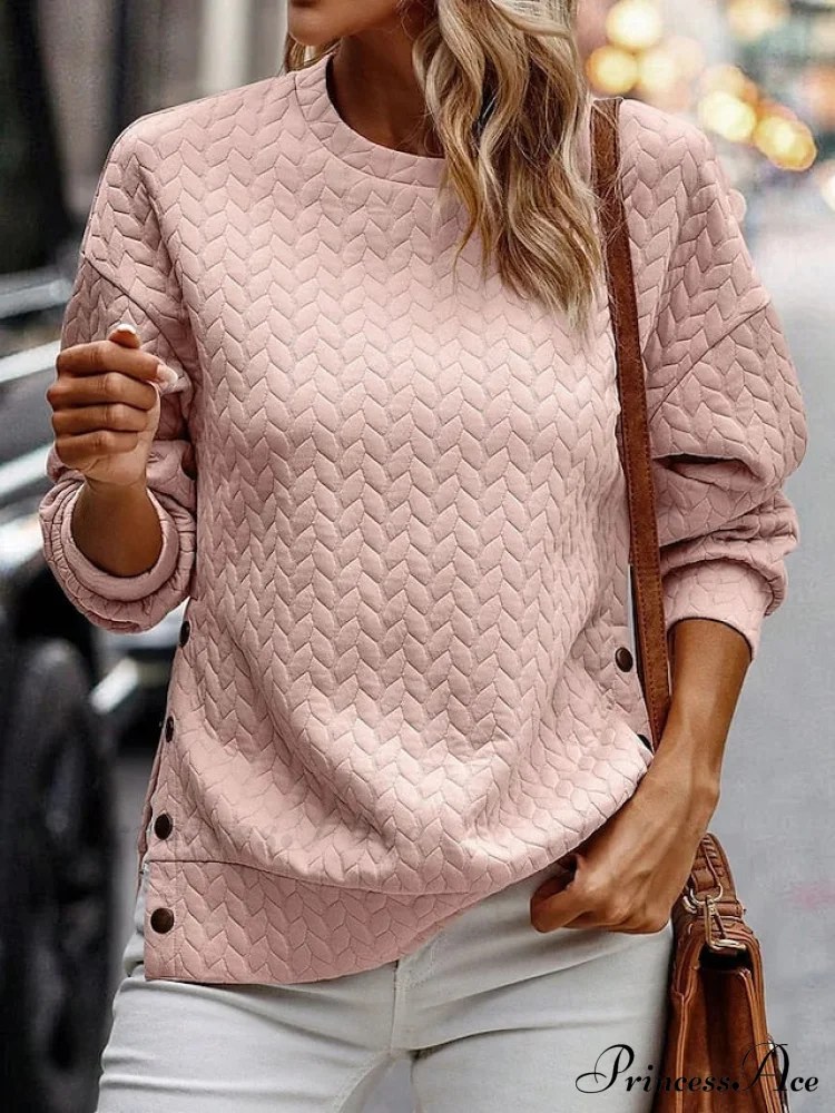 Long Women's Arm Round Color Solid Sweatshirt Pink Casual Neck Pullover Top