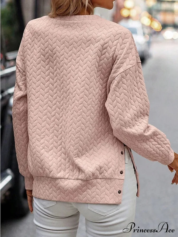 Long Women's Arm Round Color Solid Sweatshirt Pink Casual Neck Pullover Top - Image 2