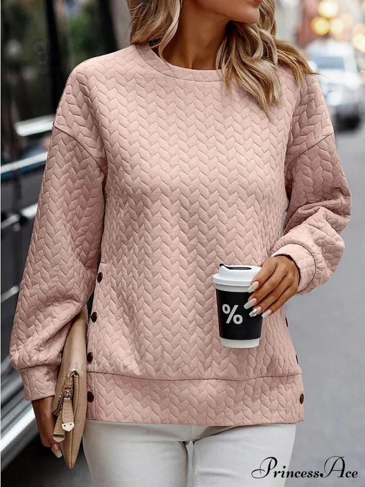 Long Women's Arm Round Color Solid Sweatshirt Pink Casual Neck Pullover Top - Image 3