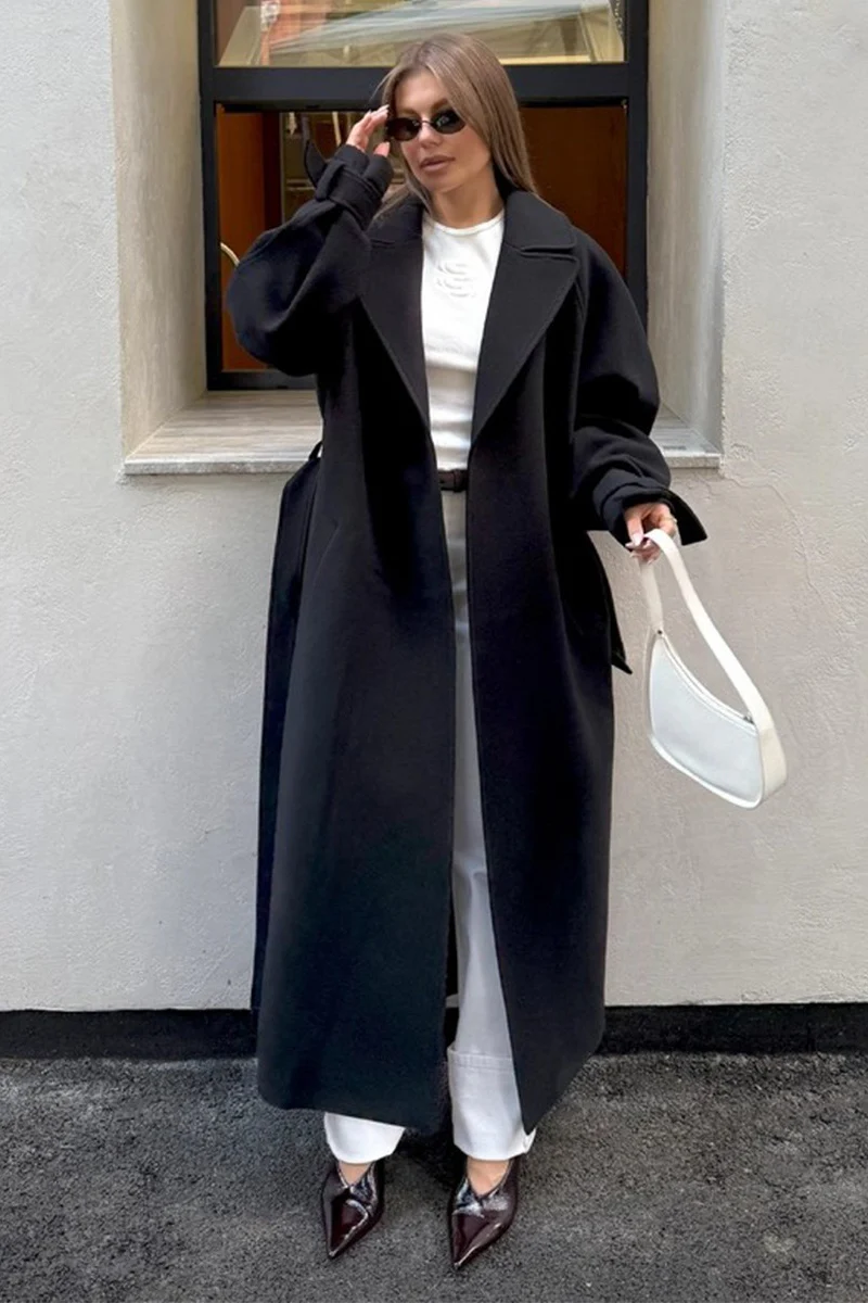 Longline Wool Blend Tie Waist Loose Elegant Overcoat - Image 7