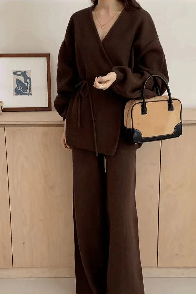 Loose Belted Knit Cardigan Wide-Leg Pants Two Piece Set - Image 2