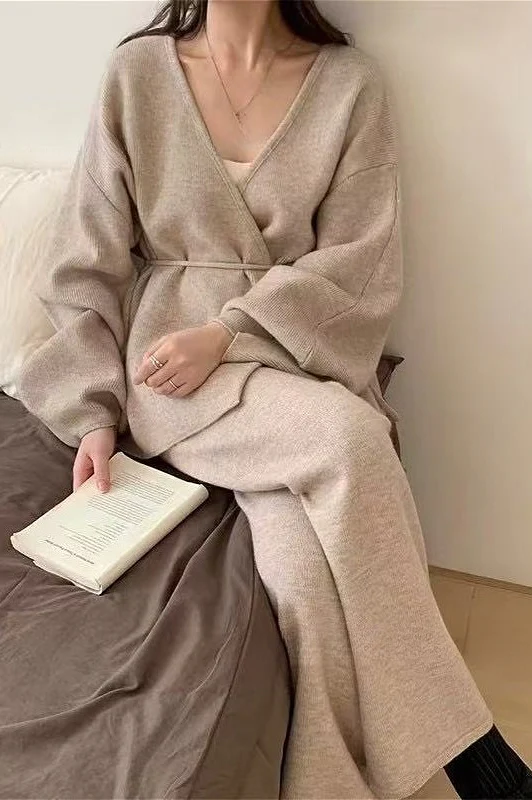 Loose Belted Knit Cardigan Wide-Leg Pants Two Piece Set - Image 3
