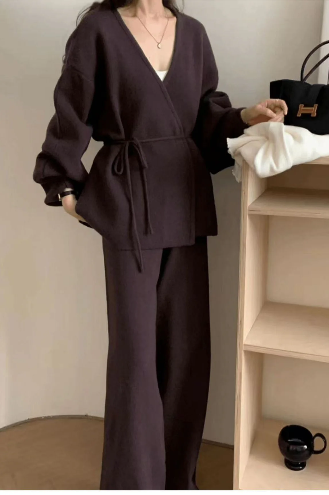 Loose Belted Knit Cardigan Wide-Leg Pants Two Piece Set - Image 5