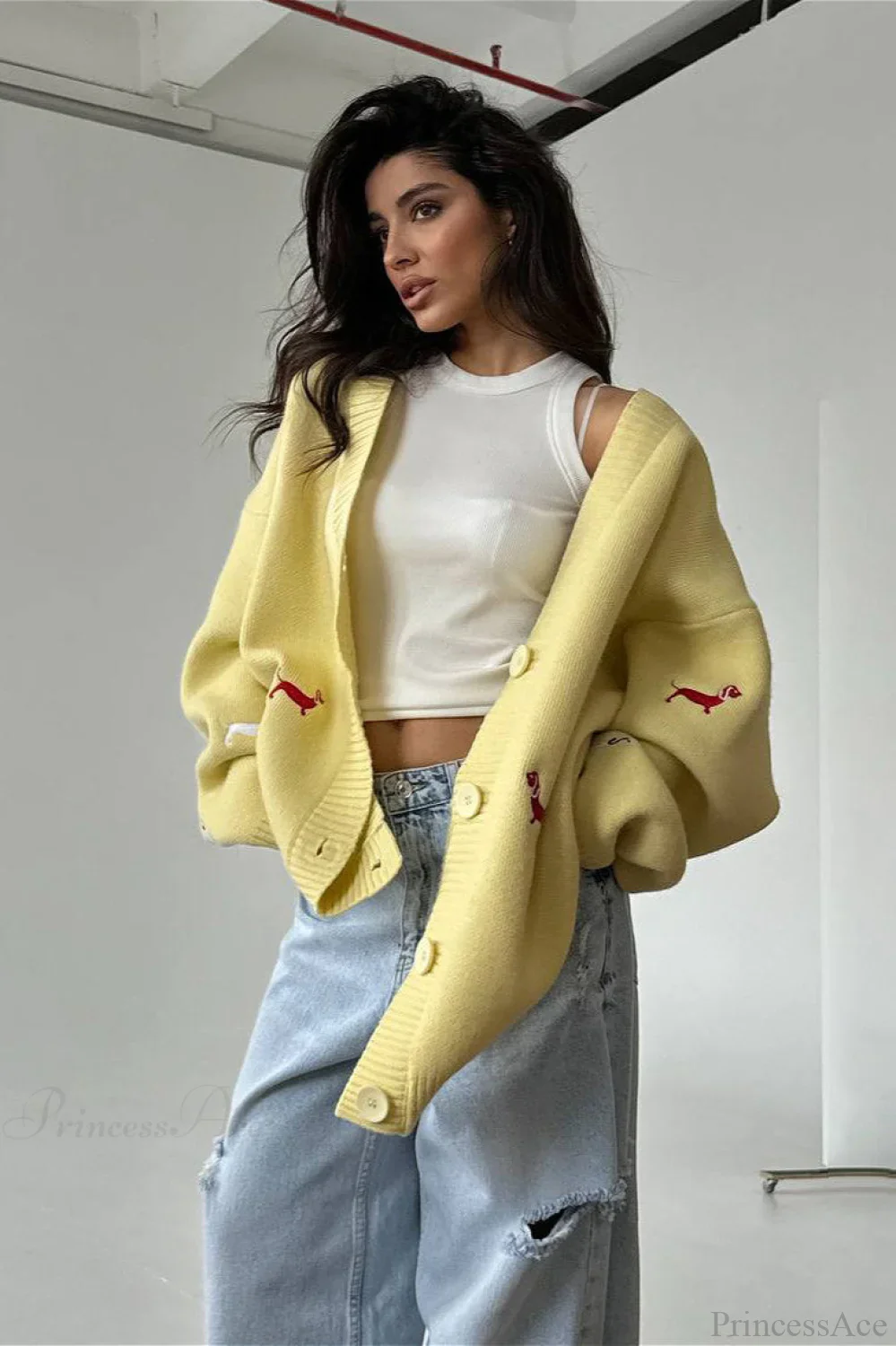 Loose Dachshund Embroidery Knit Button Cardigan
