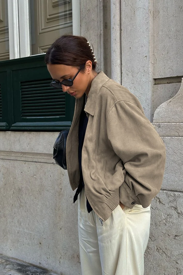 Loose Fit Khaki Suede Jacket - Image 2