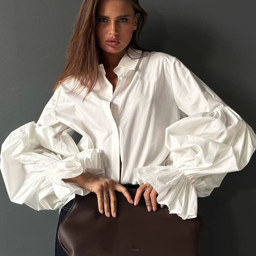 Loose Fit Lantern Sleeve Lapel Blouse - Image 2