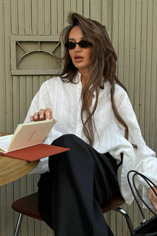 Loose Fit Lantern Sleeve Stand Collar Blouse - Image 4