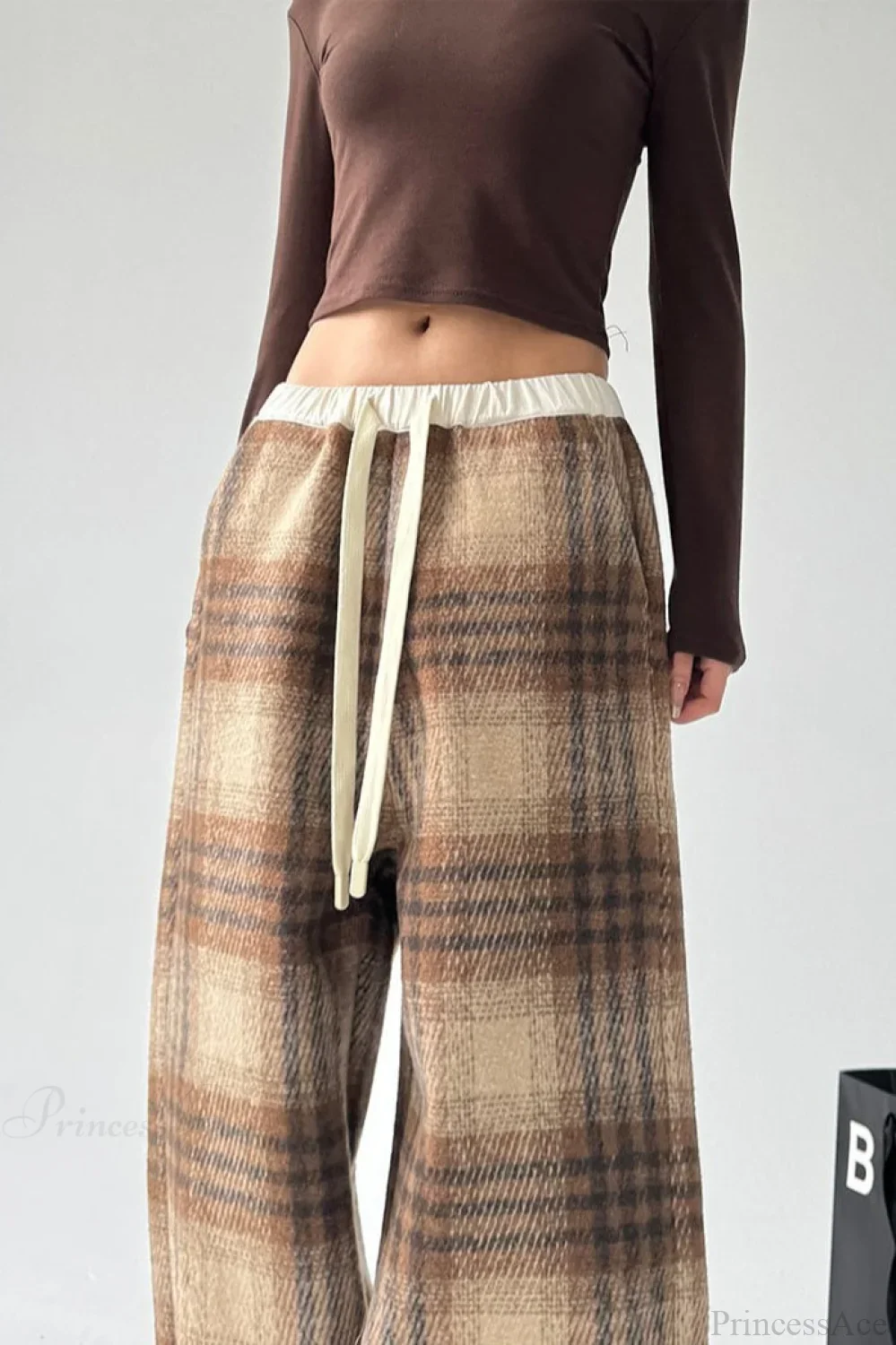 Loose Fit Woolen Plaid Wide Leg Pants - Image 6