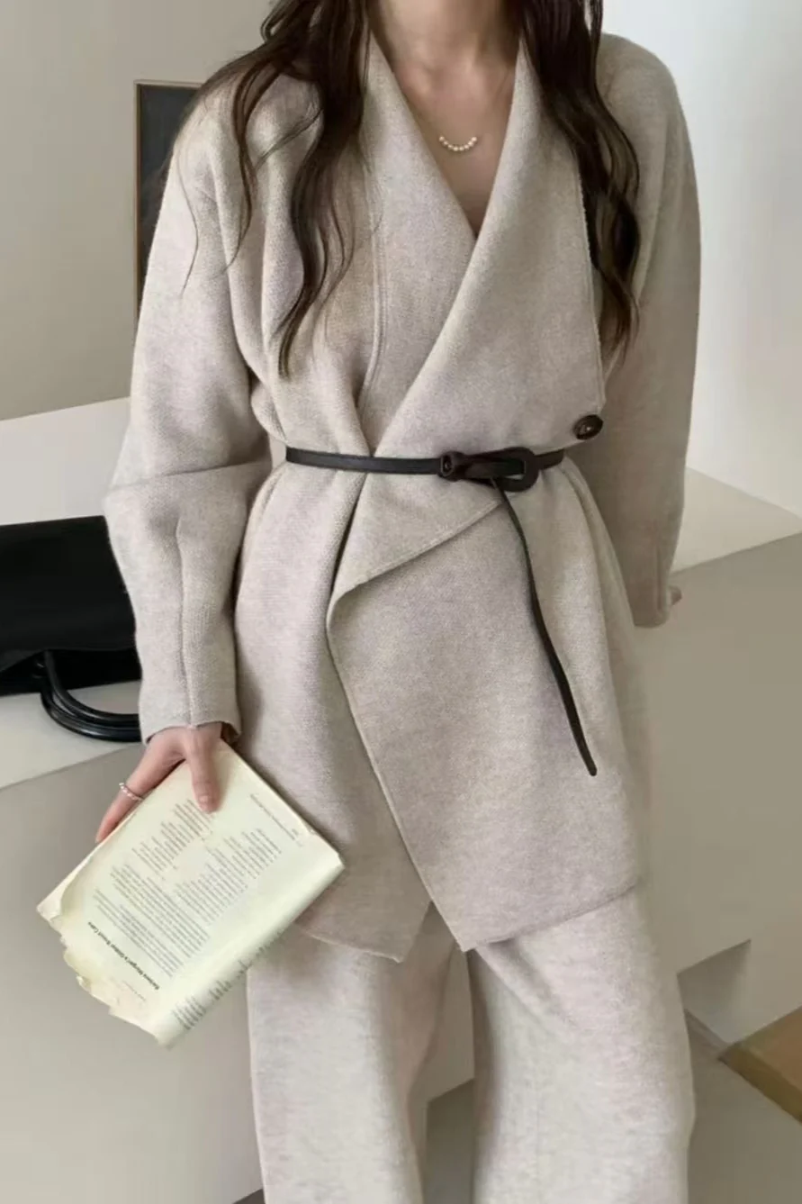 Loose Knit Big Collar Coat Wide-Leg Pants Two Piece Set - Image 3