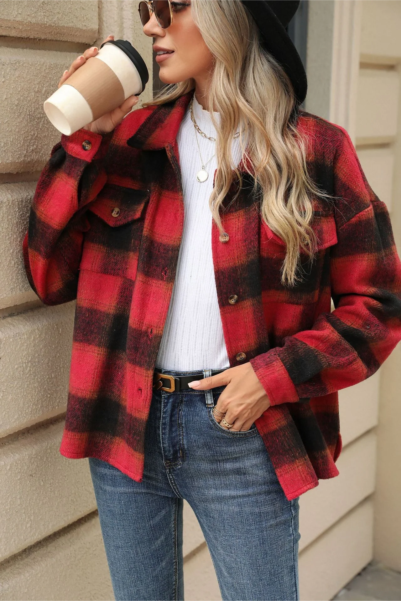 Loose Plaid Lapel Faux Wool Long Sleeve Coat - Image 2