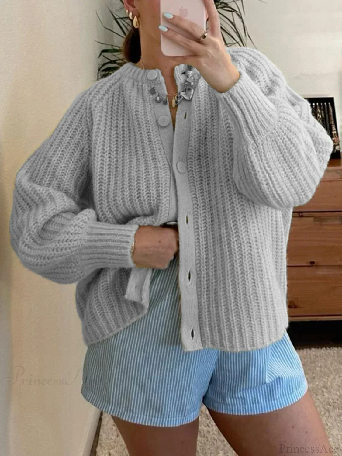Loose Solid Crew Neck Button Cardigan - Image 10