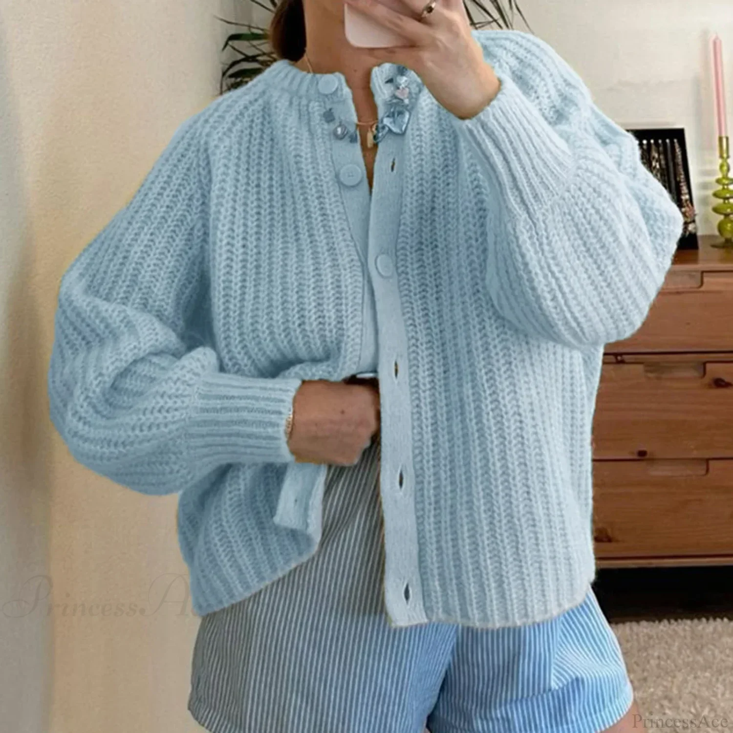 Loose Solid Crew Neck Button Cardigan - Image 11