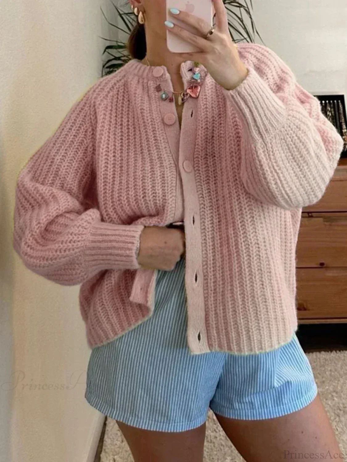 Loose Solid Crew Neck Button Cardigan - Image 12
