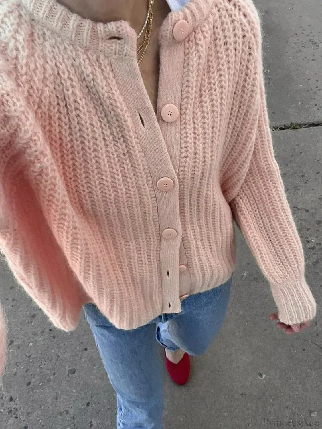 Loose Solid Crew Neck Button Cardigan - Image 2