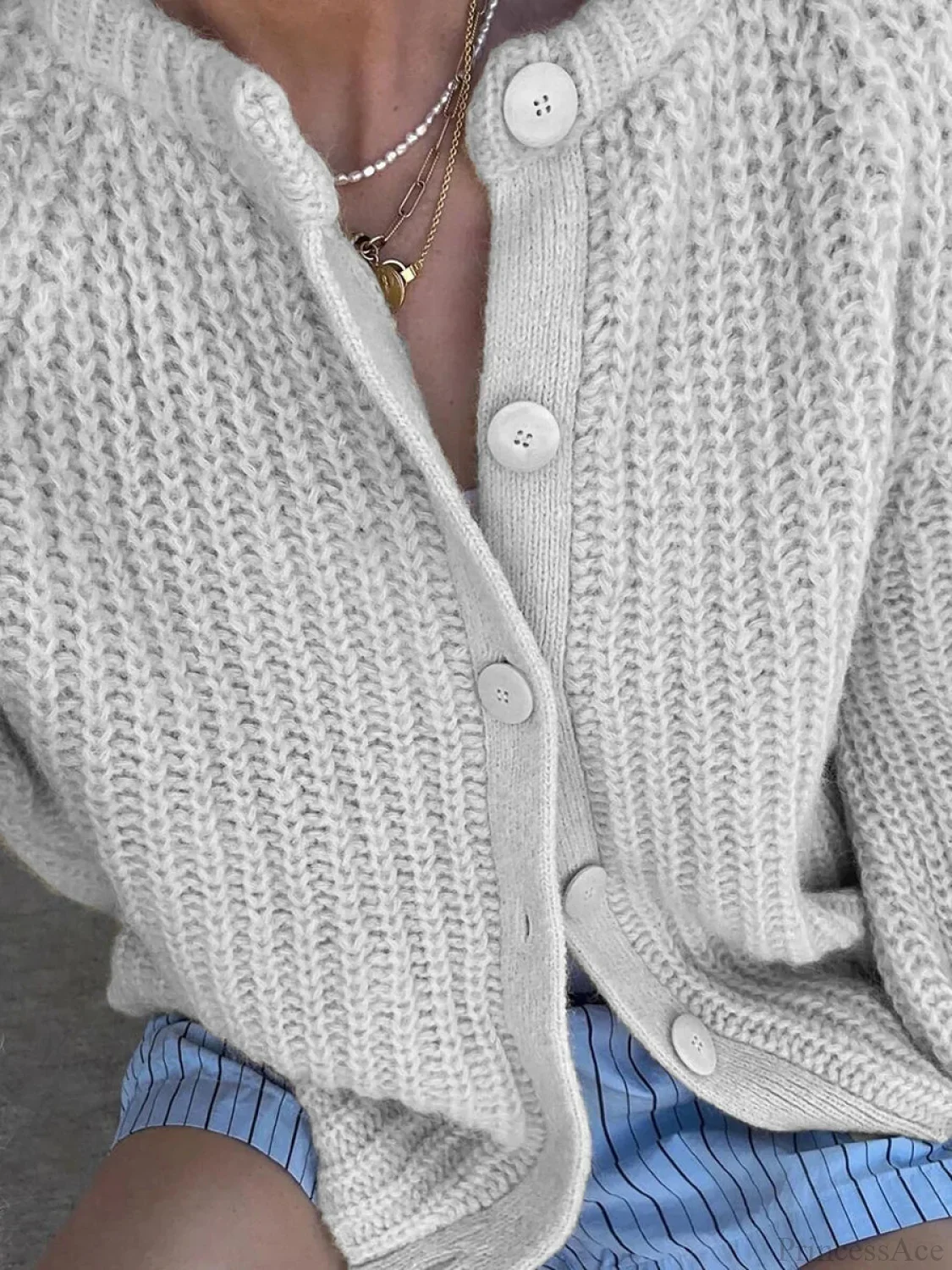 Loose Solid Crew Neck Button Cardigan - Image 3