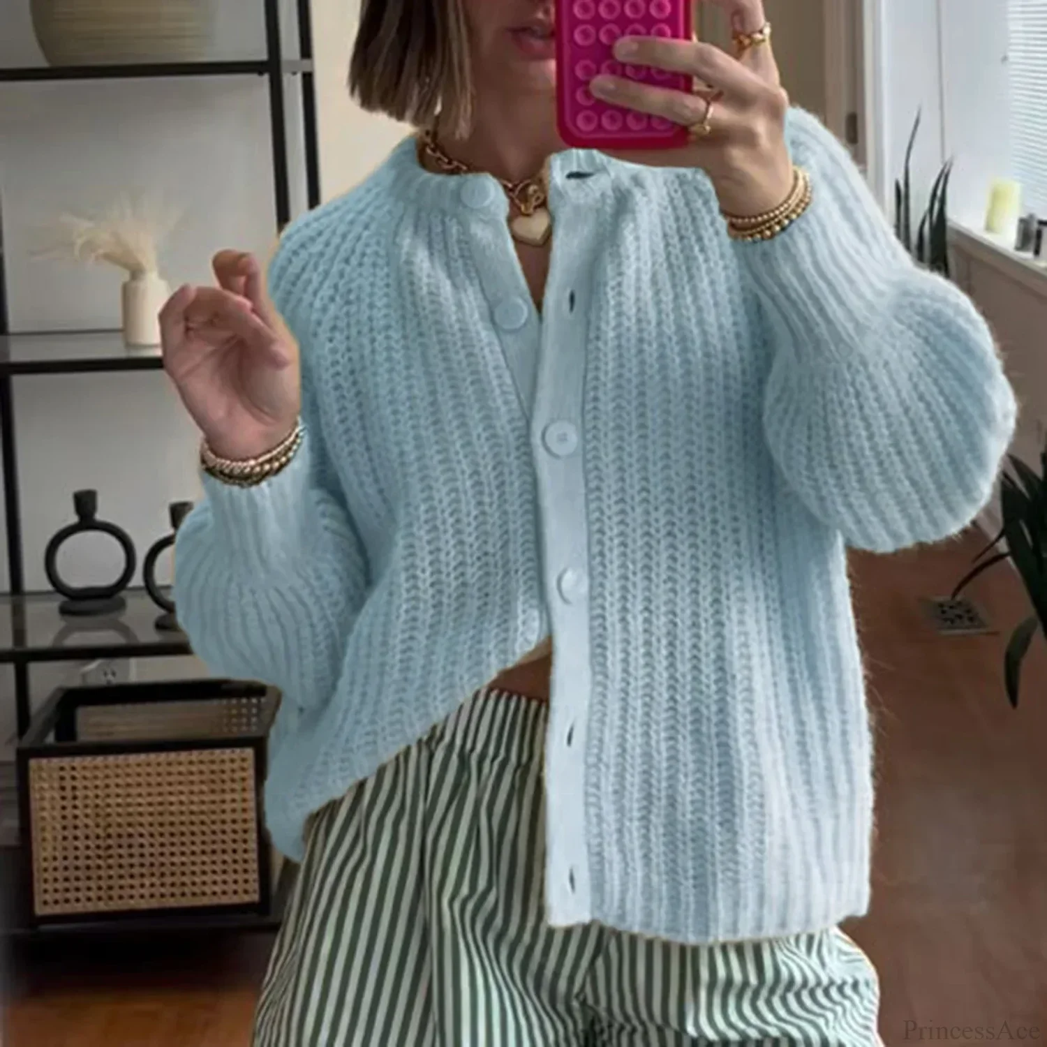 Loose Solid Crew Neck Button Cardigan - Image 5
