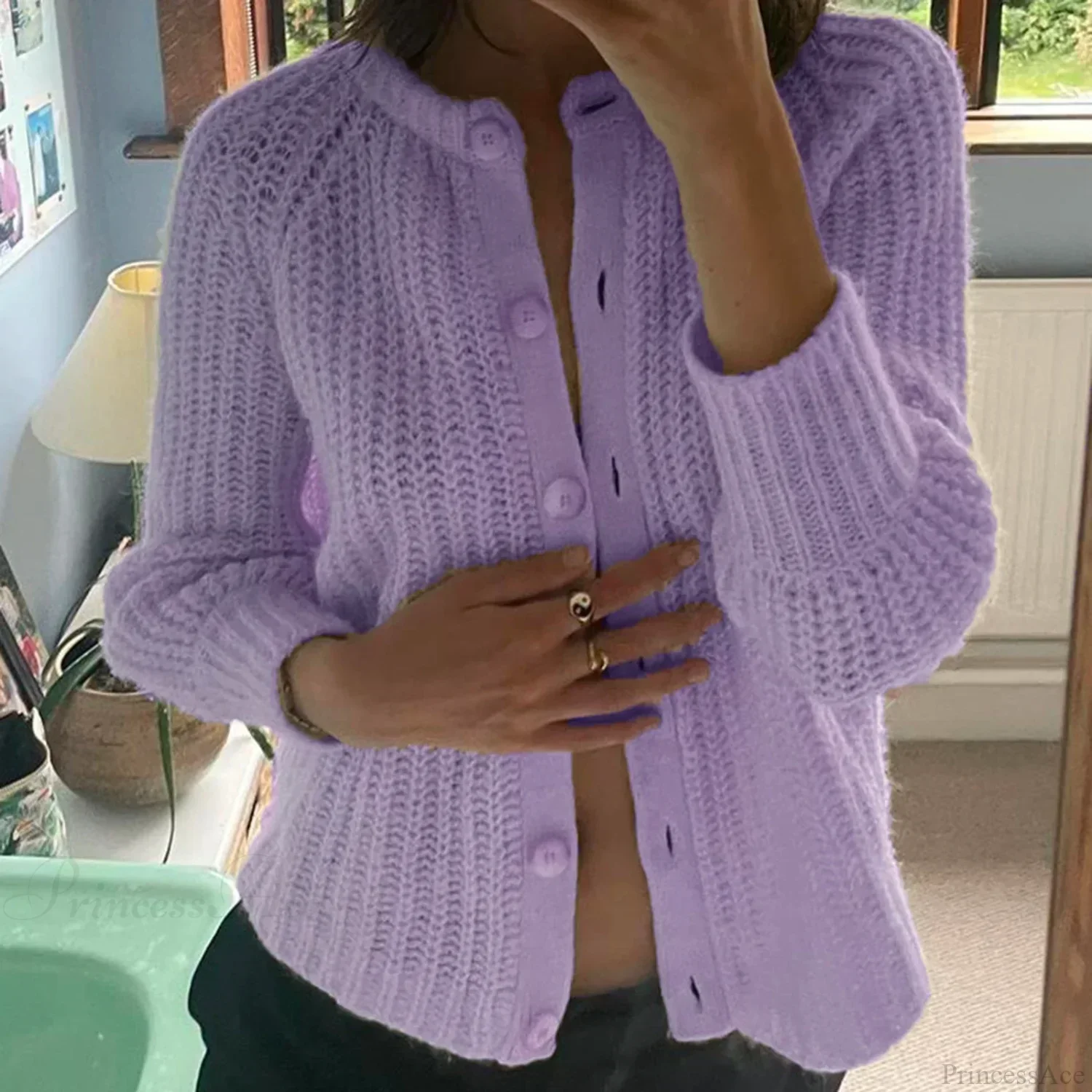 Loose Solid Crew Neck Button Cardigan - Image 6